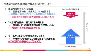 Copyright (C) 2022 DeNA Co.,Ltd. All Rights Reserved.
生成AI技術の応用に際して埋めるべき”ギャップ” 
AIの生成品質 
ドメインからの要求水準  
ギ
ャ
ッ
プ 
● 生成AI技術のコストと品質 
○ 品質を高めるには多大なコストを要する 
→顔領域に限定することによる局所的な品質向上 
　＋AIの強みと制約を最大限意識したコンテンツ 
 
● “AI活用”を目的に据えることの難しさ 
○ AI活用という手段を選ぶ合理性が問われる 
→”AI活用”そのもののエンタメ化 
 
 
● ゲームクリエイティブ特有のコンテキスト 
○ オセロニアンだからこそ感じ取る1%の違和感 
→”AI活用”の事実のサプライズ化 
技術的 
アプローチ 
企画的 
アプローチ 
88 
 