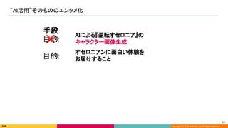 Copyright (C) 2022 DeNA Co.,Ltd. All Rights Reserved.
“AI活用”そのもののエンタメ化 
89 
AIによる『逆転オセロニア』の 
キャラクター画像生成 
目的:  
❌ 
手段 
オセロニアンに面白い体験を 
お届けすること 
目的:  
 