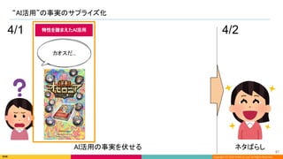 Copyright (C) 2022 DeNA Co.,Ltd. All Rights Reserved.
“AI活用”の事実のサプライズ化 
 
97 
4/1 4/2
AI活用の事実を伏せる  ネタばらし 
カオスだ... 
特性を踏まえたAI活用 
 