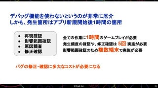 70
デバッグ機能を使わないというのが非常に厄介
しかも、発生箇所はアプリ新規開始後1時間の箇所
● 再現確認
● 影響範囲確認
● 原因調査
● 修正確認
全ての作業に1時間のゲームプレイが必要
発生頻度の確認や、修正確認は 5回 実施が必要
影響範囲確認のため複数端末で実施が必要
バグの修正・確認に多大なコストが必要になる
 