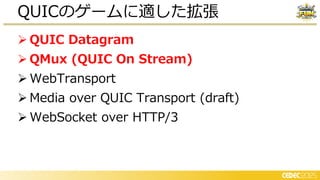 ➢ QUIC Datagram
➢ QMux (QUIC On Stream)
➢ WebTransport
➢ Media over QUIC Transport (draft)
➢ WebSocket over HTTP/3
QUICのゲームに適した拡張
 