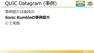 事例紹介は後段の
Sonic Rumbleの事例紹介
にて実施
QUIC Datagram (事例) スマホ
家庭用
 