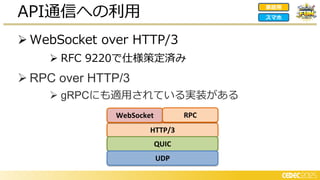 ➢ WebSocket over HTTP/3
➢ RFC 9220で仕様策定済み
➢ RPC over HTTP/3
➢ gRPCにも適用されている実装がある
API通信への利用 家庭用
スマホ
HTTP/3
QUIC
UDP
WebSocket RPC
 