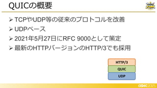 ➢ TCPやUDP等の従来のプロトコルを改善
➢ UDPベース
➢ 2021年5月27日にRFC 9000として策定
➢ 最新のHTTPバージョンのHTTP/3でも採用
QUICの概要
HTTP/3
QUIC
UDP
 