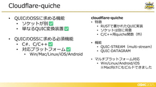 • QUICのOSSに求める機能
• ソケットが別
• 単なるQUIC変換装置
• QUICのOSSに求める必須機能
• C#、C/C++
• 対応プラットフォーム
• Win/Mac/Linux/iOS/Android
Cloudflare-quiche
cloudflare-quiche
• 特徴
• RUSTで書かれたQUIC実装
• ソケットは別に用意
• C/C++用quiche関数（ffi）
• 機能
• QUIC-STREAM（multi-stream）
• QUIC-DATAGRAM
• マルチプラットフォーム対応
• Win/Linux/Android/iOS
※Mac向けにもビルドできました
 