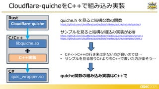 Cloudflare-quicheをC++で組み込み実装
quiche.h を見ると結構な数の関数
https://github.com/cloudflare/quiche/blob/master/quiche/include/quiche.h
サンプルを見ると結構な組込み実装が必要
https://github.com/cloudflare/quiche/blob/master/quiche/examples/server.c
https://github.com/cloudflare/quiche/blob/master/quiche/examples/client.c
• C#<->C++の行き来は少ない方が良いのでは…
• サンプルを見る限りC#よりもC++で書いた方が楽そう…
quiche関数の組み込み実装はC++で
Rust
Cloudflare-quiche
C#
quic_wrapper.so
C/C++
libquiche.so
C++実装
 