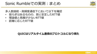 多人数接続・高頻度通信下において以下を確認
• 揺らぎはあるものの、割と安定したRTT値
• 理論値と乖離が少ないRTT値
• 距離に応じたRTT値
QUICはリアルタイム通信のプロトコルになり得た
Sonic Rumbleでの実測：まとめ
 