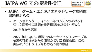 • JAIPA「ゲーム・エンタメのネットワーク接続性
課題検討WG」
– ゲームやエンターテイメント等コンテンツのネット
ワーク疎通性の課題を業界横断的に検討するWG
– 2019 年から活動
– 2022 年に QUIC 通信でのルータセッションテーブル
枯渇の可能性検討から開催の QUIC 検証会に、この
実装のプロトタイプを持ち込み動作検証
JAIPA WG での接続性検証 JAIPA WG での
接続性検証
 