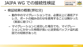 • 検証結果の概要(弊社分)
– 動作中のマイグレーションでは、必要以上に通信アド
レス、ポートの組み合わせを使用することは無かった
（実装に く）
– マイグレーションに成功した場合でも、マイグレー
ションにかかった時間が長いと送受信バッファ溢れ起
因での切断があった
JAIPA WG での接続性検証 JAIPA WG での
接続性検証
 