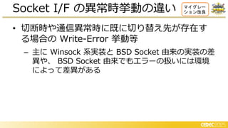 • 切断時や通信異常時に既に切り替え先が存在す
る場合の Write-Error 挙動等
– 主に Winsock 系実装と BSD Socket 由来の実装の差
異や、 BSD Socket 由来でもエラーの扱いには環境
によって差異がある
Socket I/F の異常時挙動の違い マイグレー
ション改良
 