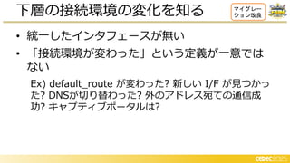 • 統一したインタフェースが無い
• 「接続環境が変わった」という定義が一意では
ない
Ex) default_route が変わった? 新しい I/F が見つかっ
た? DNSが切り替わった? 外のアドレス宛ての通信成
功? キャプティブポータルは?
下層の接続環境の変化を知る マイグレー
ション改良
 