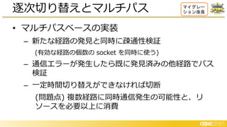 • マルチパスベースの実装
– 新たな経路の発見と同時に疎通性検証
(有効な経路の個数の socket を同時に使う)
– 通信エラーが発生したら既に発見済みの他経路でパス
検証
– 一定時間切り替えができなければ切断
(問題点) 数経路に同時通信発生の可能性と、リ
ソースを必要以上に消費
逐次切り替えとマルチパス マイグレー
ション改良
 