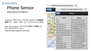 Phone Sensor
http://bit.ly/1JTWvVv
JavaScript でデバイス（スマホ）のジャイロ情報を
取得して、 MQTT ブローカーへパブリッシュする。
Paho の JavaScript ライブラリを使って開発した
ウェブアプリケーション
https://eclipse.org/paho/clients/js/
#cedec2015
 