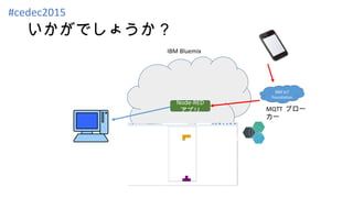 いかがでしょうか？
Node-RED
アプリ
IBM IoT
Foundation
IBM Bluemix
MQTT ブロー
カー
#cedec2015
 