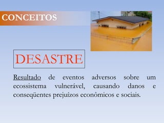 CONCEITOSDEFESA  CIVIL“Conjunto de ações preventivas, de socorro, assistenciais e recuperativas destinadas a evitar ou minimizar os efeitos dos desastres, preservar o moral da população e restabelecer a normalidade social”.(Glossário de Defesa Civil/2002)
