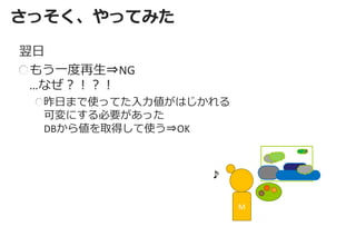 さっそく、やってみた 
M 
翌日 もう一度再生⇒NG …なぜ？！？！ 昨日まで使ってた入力値がはじかれる 可変にする必要があった DBから値を取得して使う⇒OK  