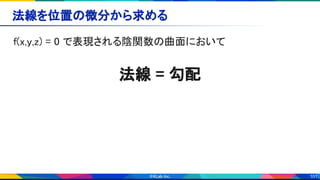 101
法線を位置の微分から求める 
f(x,y,z) = 0 で表現される陰関数の曲面において 
 
法線 = 勾配 
 