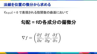 102
法線を位置の微分から求める 
f(x,y,z) = 0 で表現される陰関数の曲面において 
 
勾配 = fの各成分の偏微分 
 