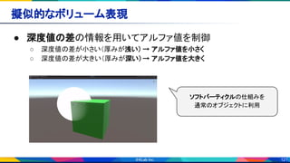 121
擬似的なボリューム表現 
● 深度値の差の情報を用いてアルファ値を制御 
○ 深度値の差が小さい（厚みが浅い） → アルファ値を小さく 
○ 深度値の差が大きい（厚みが深い）→ アルファ値を大きく 
ソフトパーティクルの仕組みを
通常のオブジェクトに利用
 