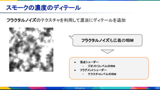 129
スモークの濃度のディテール 
フラクタルノイズのテクスチャを利用して濃淡にディテールを追加 
フラクタルノイズも広義のfBM
● 頂点シェーダー 
○ ジオメトリレベルのfBM 
● フラグメントシェーダー 
○ テクスチャレベルのfBM 
 