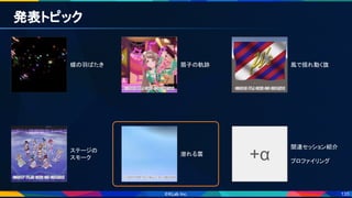 135
発表トピック 
蝶の羽ばたき  扇子の軌跡  風で揺れ動く旗 
ステージの 
スモーク 
潜れる雲 
+α
関連セッション紹介 
 
プロファイリング 
 