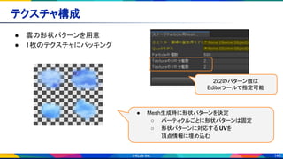 146
テクスチャ構成 
● 雲の形状パターンを用意 
● 1枚のテクスチャにパッキング 
2x2のパターン数は
Editorツールで指定可能
● Mesh生成時に形状パターンを決定
○ パーティクルごとに形状パターンは固定
○ 形状パターンに対応する UVを
頂点情報に埋め込む
 