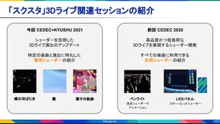 150
「スクスタ」3Dライブ関連セッションの紹介 
今回 CEDEC+KYUSHU 2021
シェーダーを活用した
3Dライブ演出のアップデート
特定の楽曲と演出に特化した
専用シェーダーの紹介
前回 CEDEC 2020
高品質かつ低負荷な
3Dライブを実現するシェーダー開発
すべての楽曲に利用できる
汎用シェーダーの紹介
ペンライト
頂点シェーダーで
アニメーション
LEDパネル
カラーパレットシェーダー
蝶の羽ばたき 雲 扇子の軌跡
 