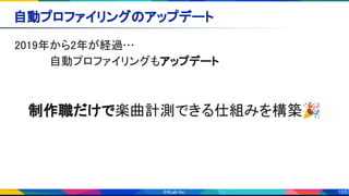 155
自動プロファイリングのアップデート 
2019年から2年が経過… 
自動プロファイリングもアップデート 
 
 
制作職だけで楽曲計測できる仕組みを構築🎉 
 