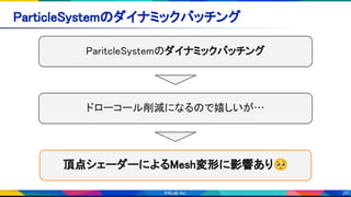 26
ParticleSystemのダイナミックバッチング 
ParitcleSystemのダイナミックバッチング 
頂点シェーダーによるMesh変形に影響あり🥺
ドローコール削減になるので嬉しいが… 
 