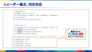 61
シェーダー修正：向き対応 
// 回転の計算をします
float3 up = float3(0.0, 1.0, 0.0);
up.xz += fbm(87034.0f * random.xy, _TIME * _RandomUp.w) * _RandomUp.xz;
up = normalize(up);
up = mul((float3x3)unity_ObjectToWorld, up);
// 姿勢行列を生成します
float3 worldPos = mul(unity_ObjectToWorld, float4(center + move, 1.0));
float3 forward = normalize(velocity);
float3 right = normalize(cross(forward, up));
up = normalize(cross(right, forward));
float4x4 mat = {1, 0, 0, 0, 0, 1, 0, 0, 0, 0, 1, 0, 0, 0, 0, 1};
mat._m00_m10_m20 = right;
mat._m01_m11_m21 = up;
mat._m02_m12_m22 = forward;
mat._m03_m13_m23 = worldPos;
基底ベクトル
up, forward, right
を並べて行列を生成
 