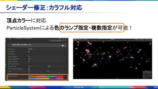 62
シェーダー修正：カラフル対応 
頂点カラーに対応 
ParticleSystemによる色のランプ指定・複数指定が可能！ 
 