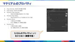 64
マテリアルのプロパティ 
● Flap Intensity: 羽ばたきの最大角度
● Flap Speed: 羽ばたきの速度
● Random Flap Intensity:
○ 羽ばたきの最大角度のバラバラ度
● Random Flap Delay:
○ 羽ばたきのタイミング（位相）のバラバラ度
● Random Move
○ 小刻みな平行移動
○ XYZ: 移動量, W: 移動の速度
● Random Up
○ 小刻みな揺れ（回転）
○ XZ: 回転の向き, W: 回転の速度 
たくさんのプロパティにより
動きを細かく調整可能！
 