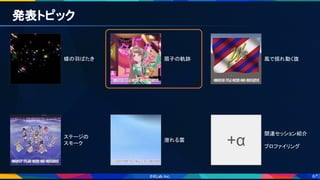 67
発表トピック 
蝶の羽ばたき  扇子の軌跡  風で揺れ動く旗 
ステージの 
スモーク 
潜れる雲 
+α
関連セッション紹介 
 
プロファイリング 
 