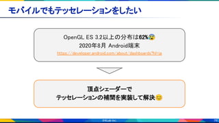 76
モバイルでもテッセレーションをしたい 
頂点シェーダーで 
テッセレーションの補間を実装して解決😊 
OpenGL ES 3.2以上の分布は62%😰 
2020年8月 Android端末 
https://developer.android.com/about/dashboards?hl=ja 
 