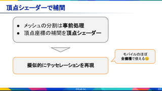 83
頂点シェーダーで補間 
擬似的にテッセレーションを再現 
● メッシュの分割は事前処理 
● 頂点座標の補間を頂点シェーダー 
モバイルのほぼ
全機種で使える😊
 