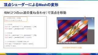 96
頂点シェーダーによるMeshの変形 
fBM（2つのsin波の重ね合わせ）で頂点を移動 
// UVの斜め方向を t を定義
float t = v.uv.x + v.uv.y;
// 1つ目の波
float t1 = _WaveFreq1 * t + _WaveSpeed1 * _TIME;
float wave1 = _WaveAmplitude1 * sin(t1);
// 2つ目の波
float t2 = _WaveFreq2 * t + _WaveSpeed2 * _TIME;
float wave2 = _WaveAmplitude2 * sin(t2);
// 2つの波を合成して、頂点座標に反映します
float wave = fixTopScale * (wave1 + wave2);
v.vertex += wave;
UVの斜め方向を t と定義
t
 