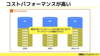 コストパフォーマンスが高い
環境で使っているリソースのみ割り当てるので
サーバリソースの無駄が少ない
 