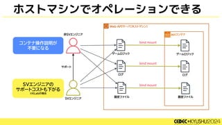 ホストマシンでオペレーションできる
SVエンジニアの
サポートコストも下がる
※KLabの場合
コンテナ操作説明が
不要になる
 