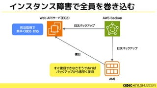 インスタンス障害で全員を巻き込む
すぐ復旧できなさそうであれば
バックアップから素早く復旧
死活監視で
素早く検知・対応
 