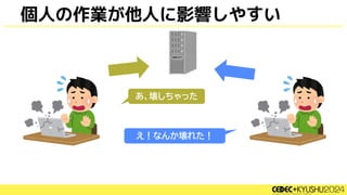 個人の作業が他人に影響しやすい
あ、壊しちゃった
え！なんか壊れた！
 
