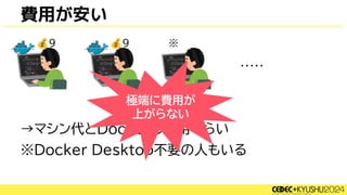 →マシン代とDockerの費用ぐらい
※Docker Desktop不要の人もいる
費用が安い
💰9 💰9
・・・・・
※
極端に費用が
上がらない
 