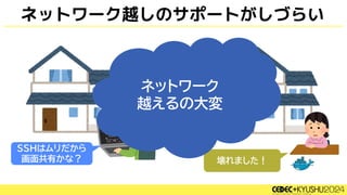 ネットワーク越しのサポートがしづらい
SSHはムリだから
画面共有かな？ 壊れました！
ネットワーク
越えるの大変
 