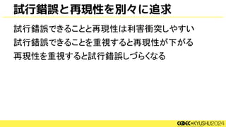 試行錯誤と再現性を別々に追求
試行錯誤できることと再現性は利害衝突しやすい
試行錯誤できることを重視すると再現性が下がる
再現性を重視すると試行錯誤しづらくなる
 
