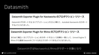#UE4 | @UNREALENGINE
Datasmith
DatasmithではNavisworksとRhinoがサポート対象となり
 