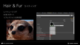 #UE4 | @UNREALENGINE
レイトレーシング
AOをサポート
リフレクションは未対応
Hair & Fur ライティング
 