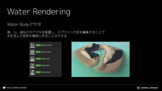 #UE4 | @UNREALENGINE
Water Rendering
Water Bodyアクタ
海、川、湖などのアクタを配置し、スプラインで形を編集することで
水を含んだ地形を簡単に作ることができる
 