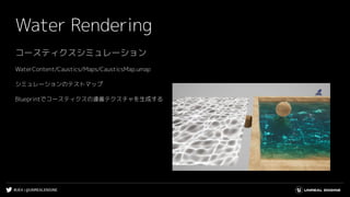 #UE4 | @UNREALENGINE
Water Rendering
コースティクスシミュレーション
WaterContent/Caustics/Maps/CausticsMap.umap
シミュレーションのテストマップ
Blueprintでコースティクスの連番テクスチャを生成する
 
