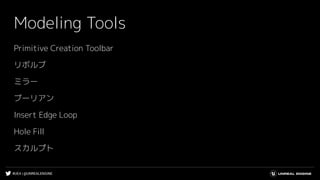 #UE4 | @UNREALENGINE
Modeling Tools
Primitive Creation Toolbar
リボルブ
ミラー
ブーリアン
Insert Edge Loop
Hole Fill
スカルプト
 