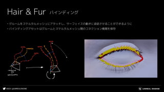 #UE4 | @UNREALENGINE
Hair & Fur
• グルームをスケルタルメッシュにアタッチし、サーフェイスの動きに追従させることができるように
• バインディングアセットはグルームとスケルタルメッシュ間のコネクション情報を保存
バインディング
 