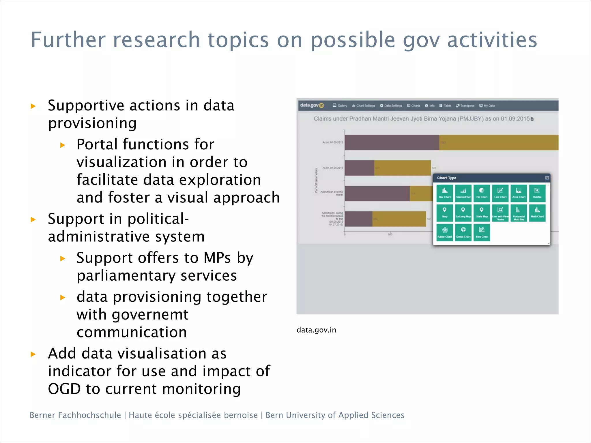 Berner Fachhochschule | Haute école spécialisée bernoise | Bern University of Applied Sciences
Further research topics on possible gov activities
data.gov.in
▶ Supportive actions in data
provisioning
▶ Portal functions for
visualization in order to
facilitate data exploration
and foster a visual approach
▶ Support in political-
administrative system
▶ Support offers to MPs by
parliamentary services
▶ data provisioning together
with governemt
communication
▶ Add data visualisation as
indicator for use and impact of
OGD to current monitoring
 
